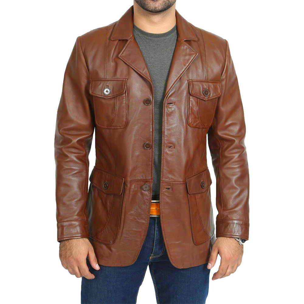 Mens Brown Four Pockets Leather Blazer