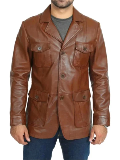Mens Brown Four Pockets Leather Blazer