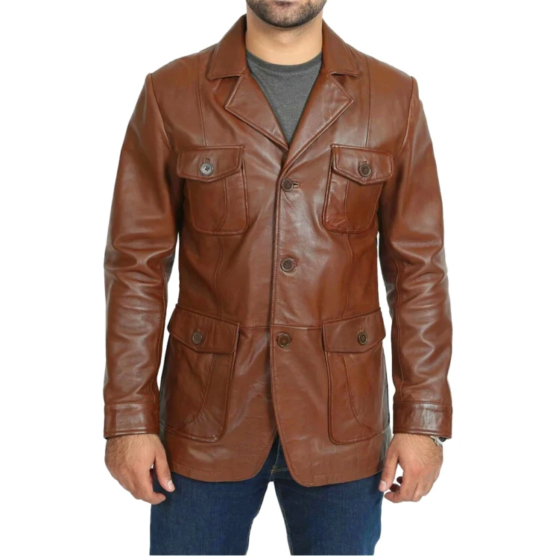 Mens Brown Four Pockets Leather Blazer