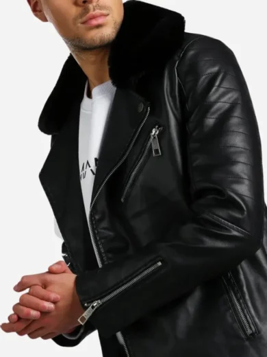 Private: Mens Leather Biker Jacket With Fur Collar