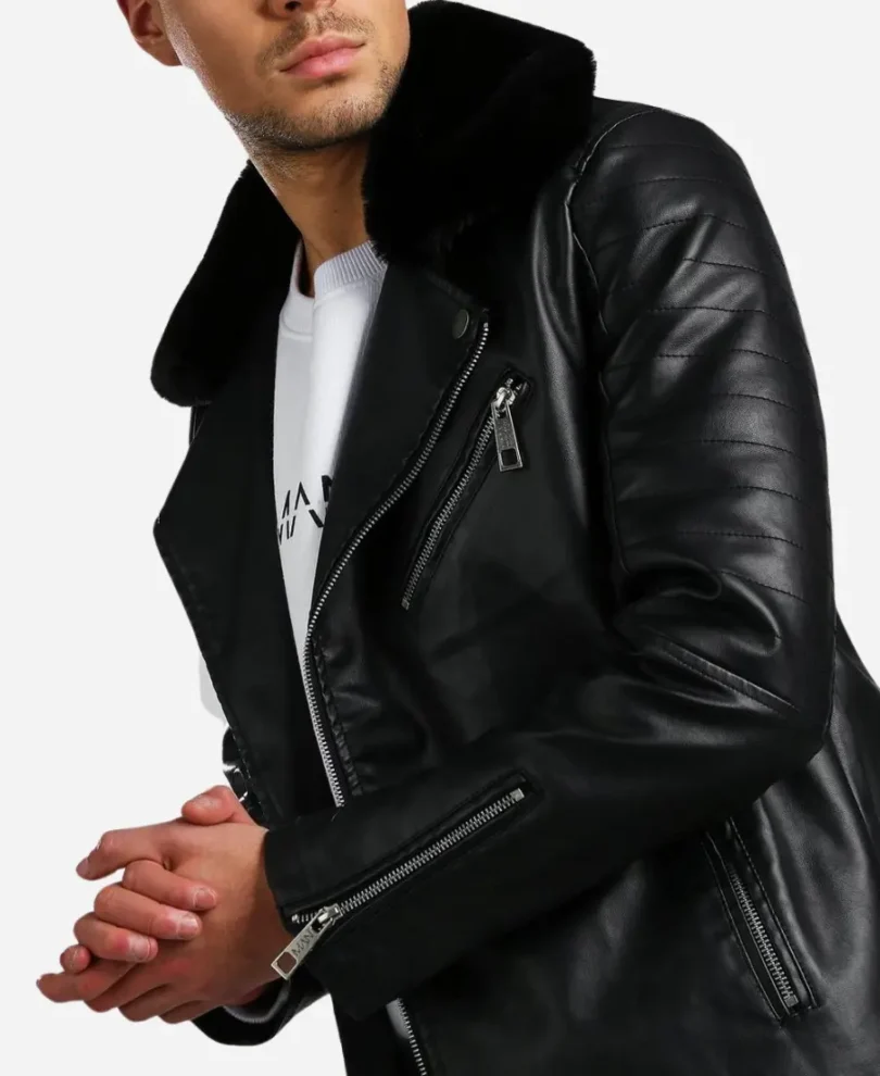 Private: Mens Leather Biker Jacket With Fur Collar