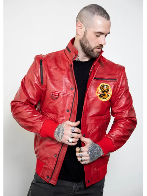 Mens Cobra Kai Johnny Red Retro Leather Jacket