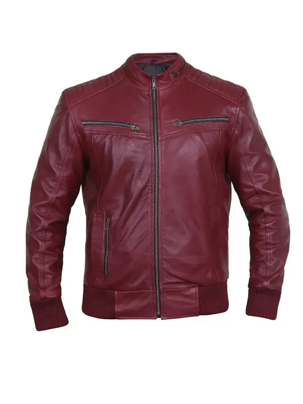 Mens Burgundy Leather Bomber Jacket