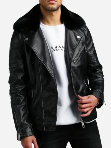 Private: Mens Leather Biker Jacket With Fur Collar