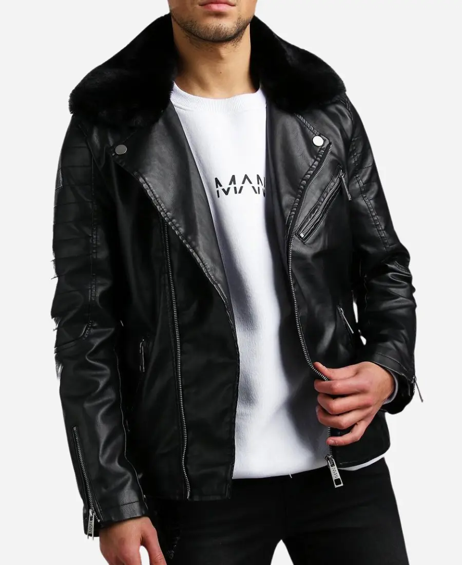 Private: Mens Leather Biker Jacket With Fur Collar