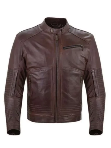 Mens Brown Leather Snap Tab Collar Jacket