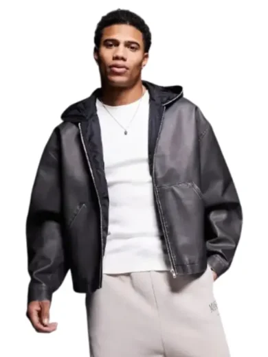 Mens Hooded Oversized Leather Jacket