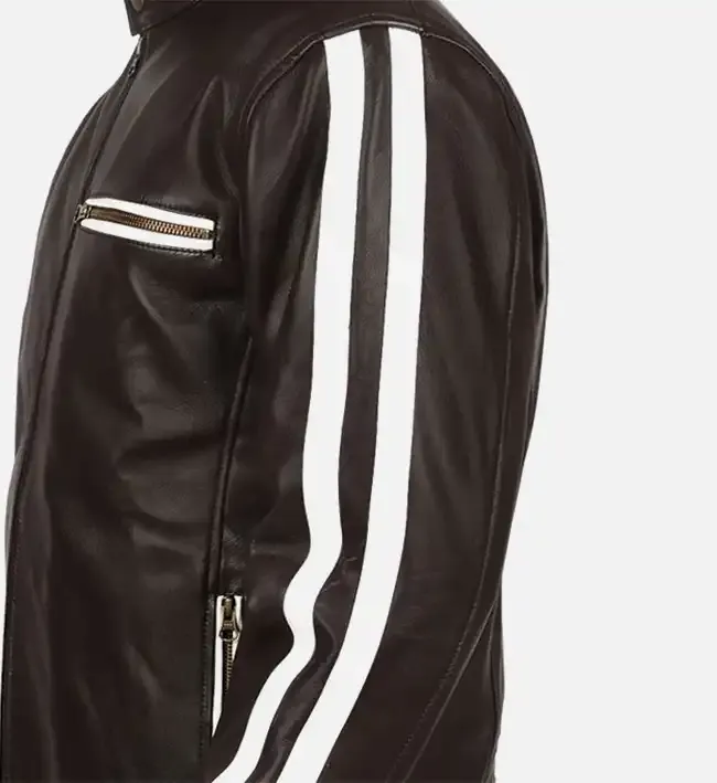 Mens Hooded White Striped Leather Jacket