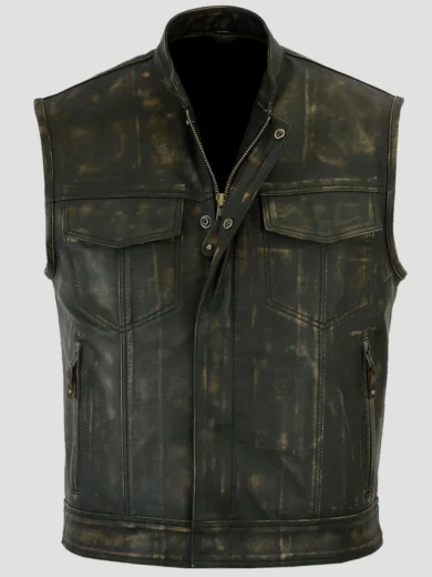 Mens Distressed Black Leather Biker Vest