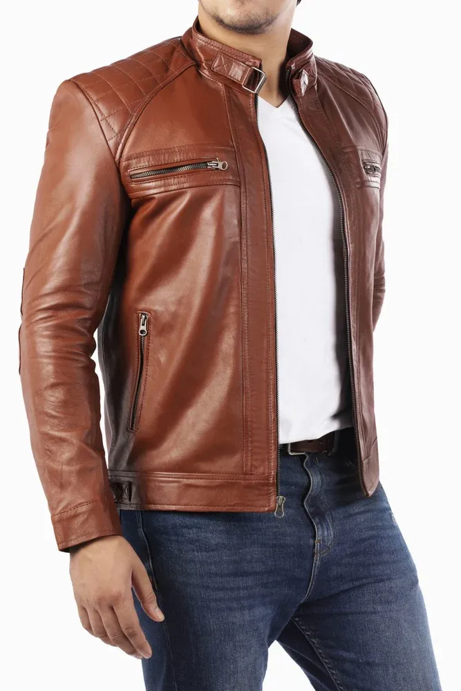 Mens Cafe Racer Retro Motorcycle Leather Jacket