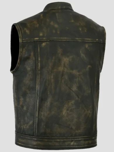 Mens Distressed Black Leather Biker Vest