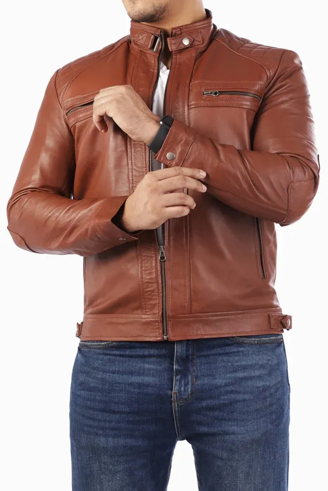 Mens Cafe Racer Retro Motorcycle Leather Jacket