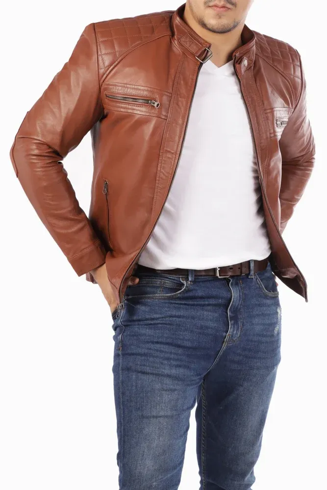 Mens Cafe Racer Retro Motorcycle Leather Jacket
