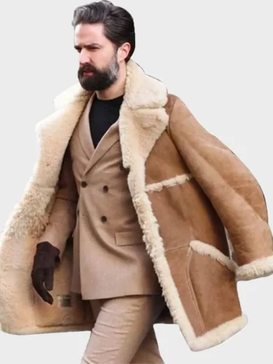 Mens Brown Sheepskin Shearling Long Jacket