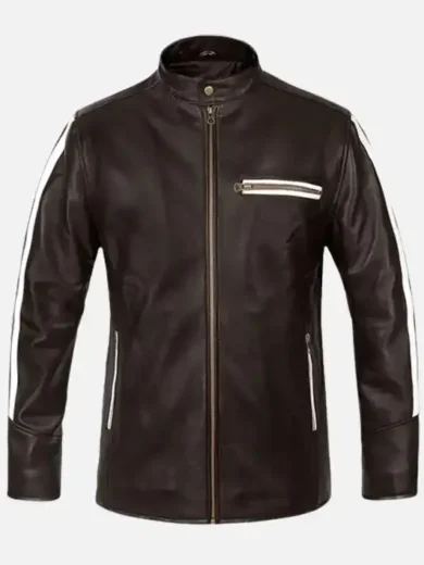 Mens Hooded White Striped Leather Jacket