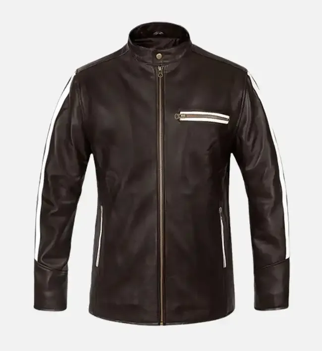 Mens Hooded White Striped Leather Jacket