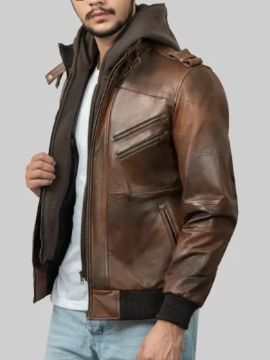 Mens Brown Leather Hooded Jacket
