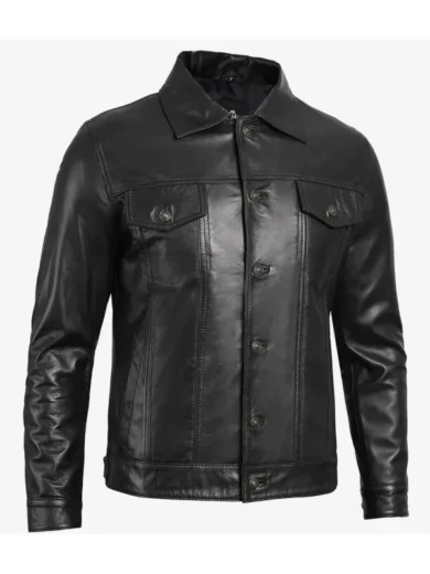 Mens Four Pockets Black Leather Trucker Jacket