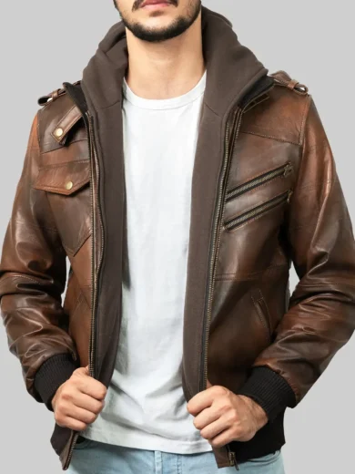 Mens Brown Leather Hooded Jacket