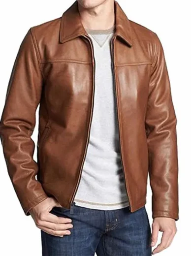 Mens Shirt Collar Brown Leather Jacket
