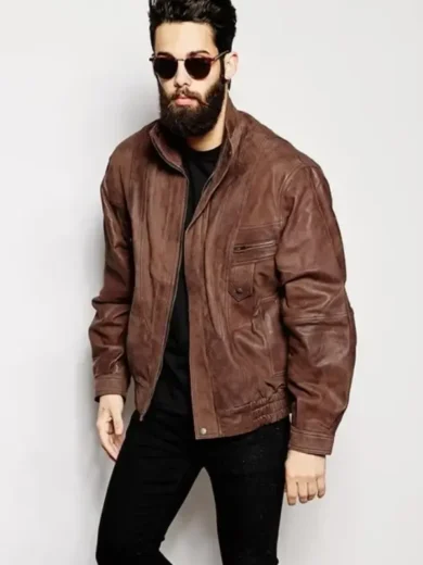 Mens Oversized Brown Leather Bomber Jacket