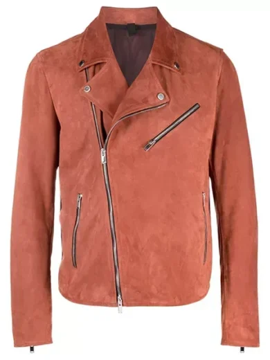 Mens Orange Suede Moto Asymmetrical Collar Jacket