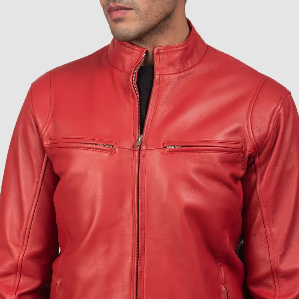Mens Winter Red Motorbike Leather Jacket