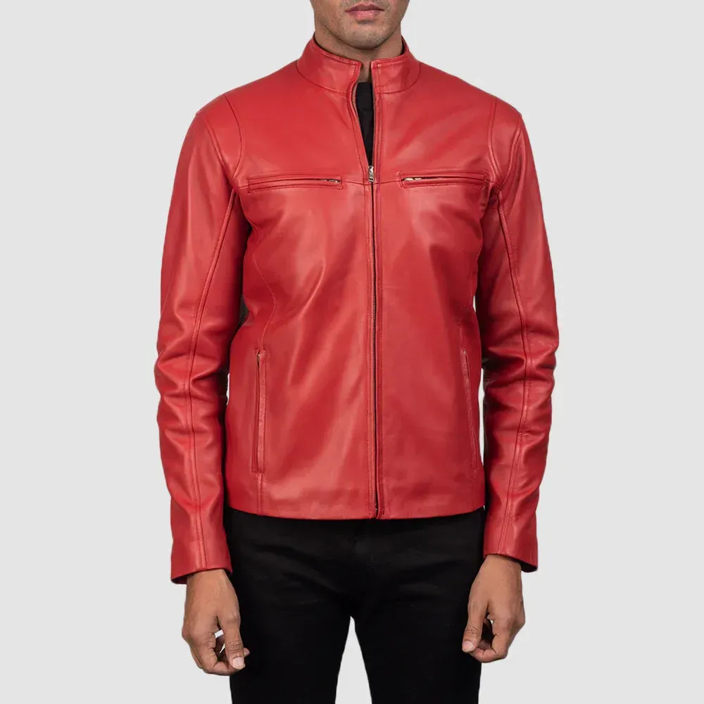 Mens Winter Red Motorbike Leather Jacket