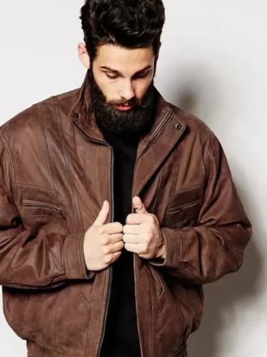 Mens Oversized Brown Leather Bomber Jacket