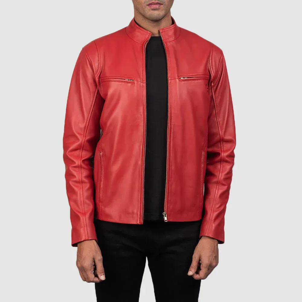 Mens Winter Red Motorbike Leather Jacket