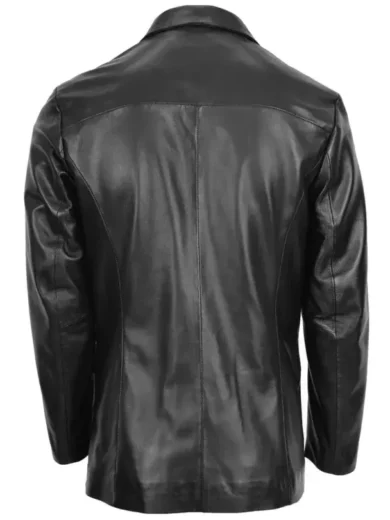 Mens Three Button Black Leather Blazer