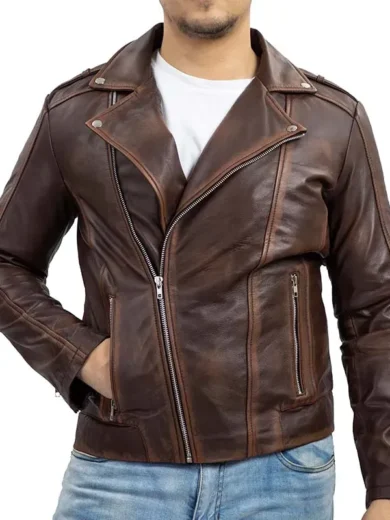 Mens Motorcycle Brown Asymmetric Biker Leather Jacket