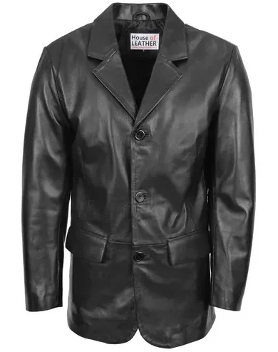 Mens Three Button Black Leather Blazer