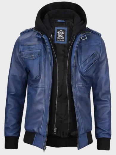 Blue Wax Leather Bomber Jacket With Removable Hood