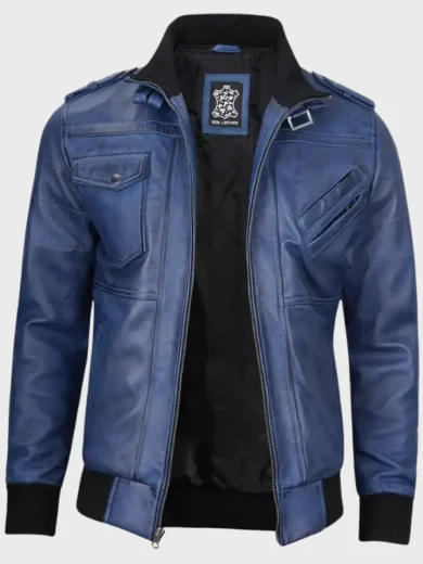 Blue Wax Leather Bomber Jacket With Removable Hood