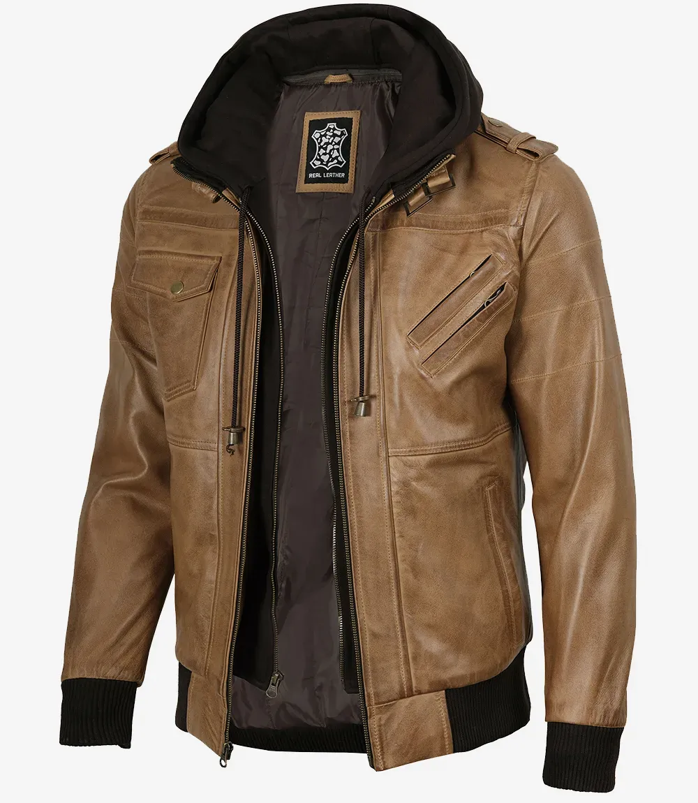 Camel Brown Bomber Leather Jacket (Removable Hood)