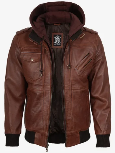 Cognac Leather Bomber Jacket With Removable Hood