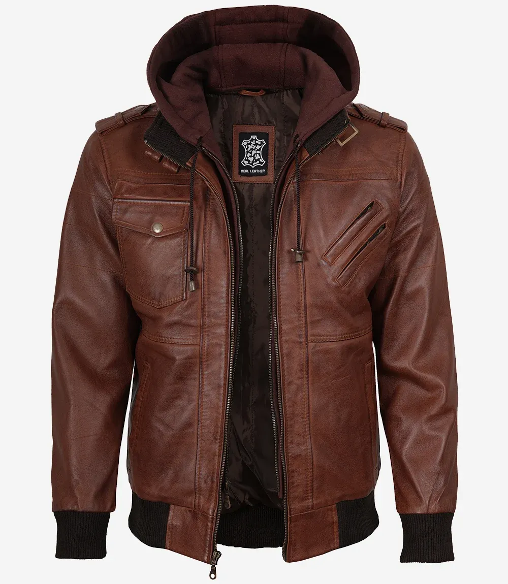 Cognac Leather Bomber Jacket With Removable Hood