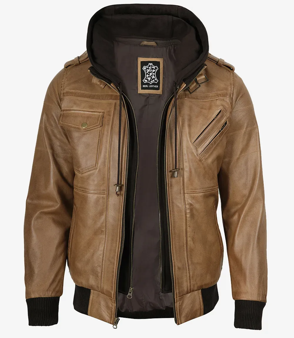 Camel Brown Bomber Leather Jacket (Removable Hood)