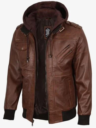 Cognac Leather Bomber Jacket With Removable Hood