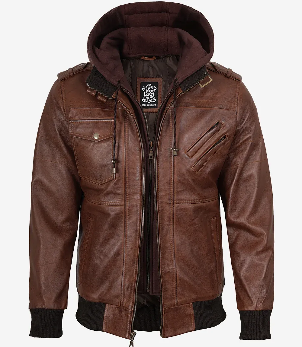 Cognac Leather Bomber Jacket With Removable Hood