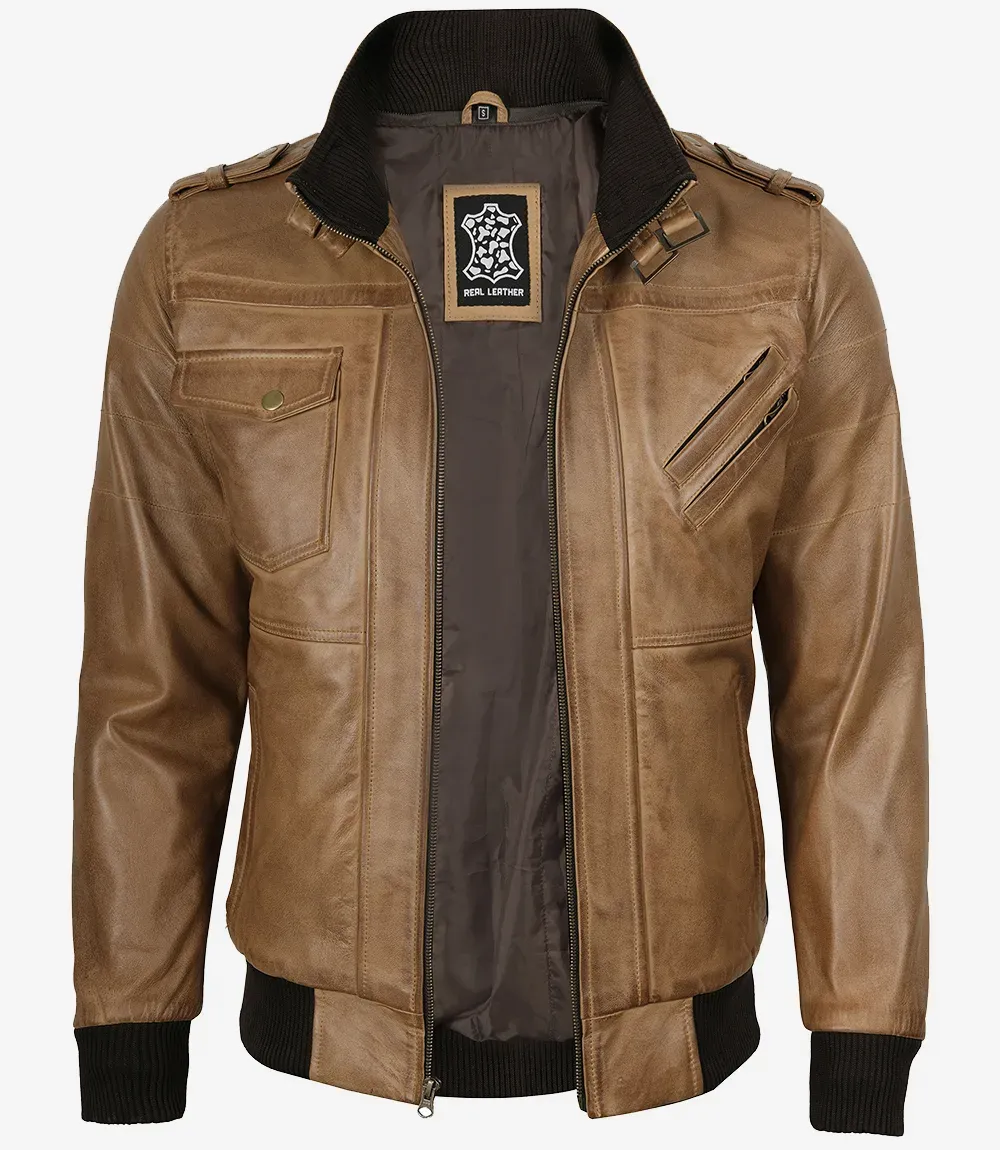 Camel Brown Bomber Leather Jacket (Removable Hood)
