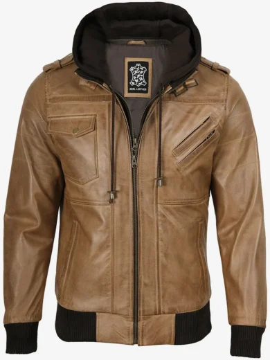 Camel Brown Bomber Leather Jacket (Removable Hood)