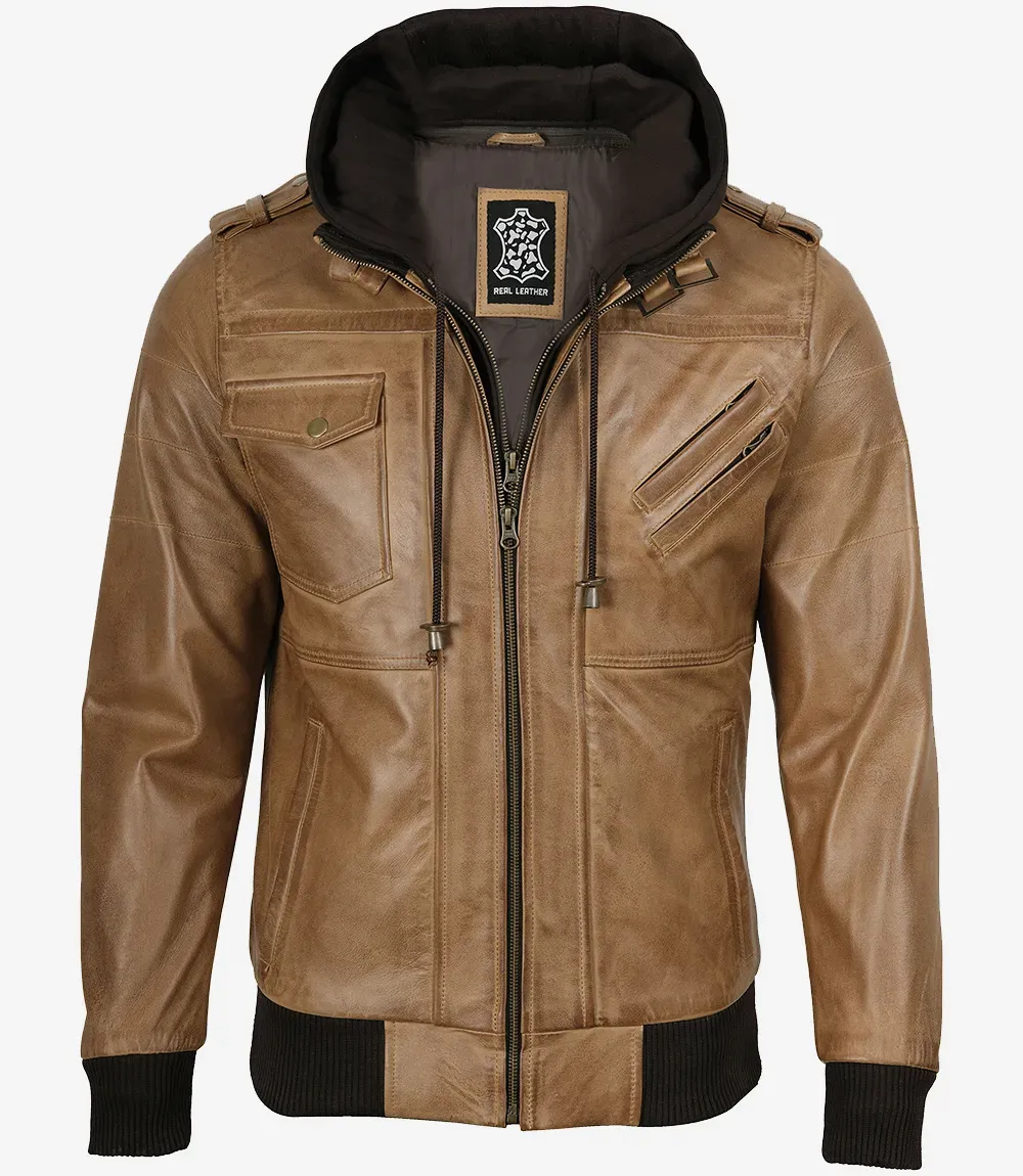 Camel Brown Bomber Leather Jacket (Removable Hood)