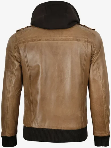 Camel Brown Bomber Leather Jacket (Removable Hood)