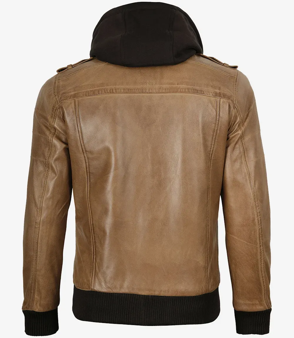 Camel Brown Bomber Leather Jacket (Removable Hood)
